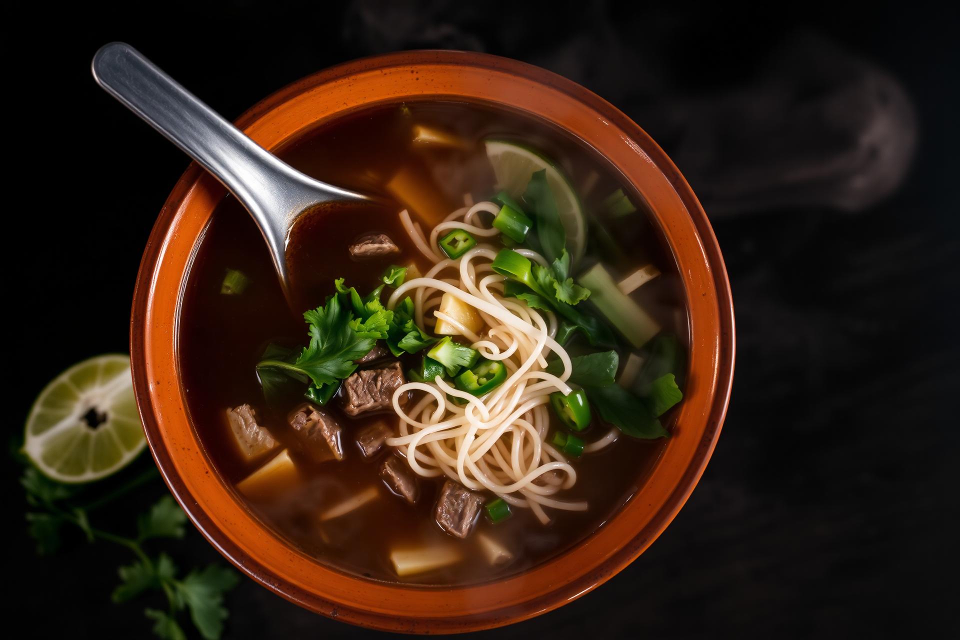 Steaming bowl of Vietnamese pho with herbs and lime